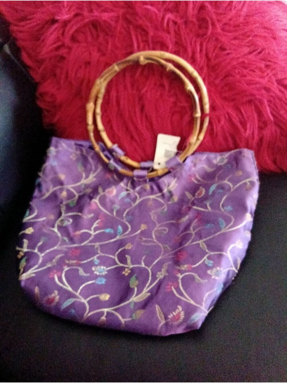 Purple Floral Embroidered Bamboo Handle Tote Bag Boho Vintage Style